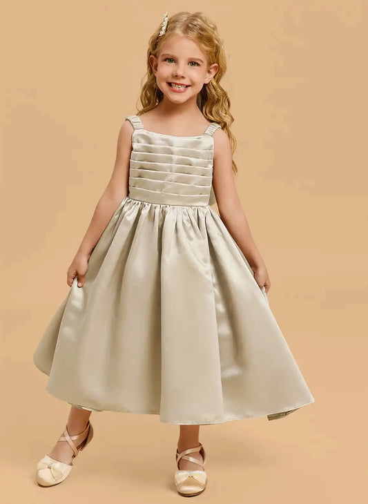 Elegant A Line Square Neck Sleeveless Bow Back Tea Length Flower Girl Dress