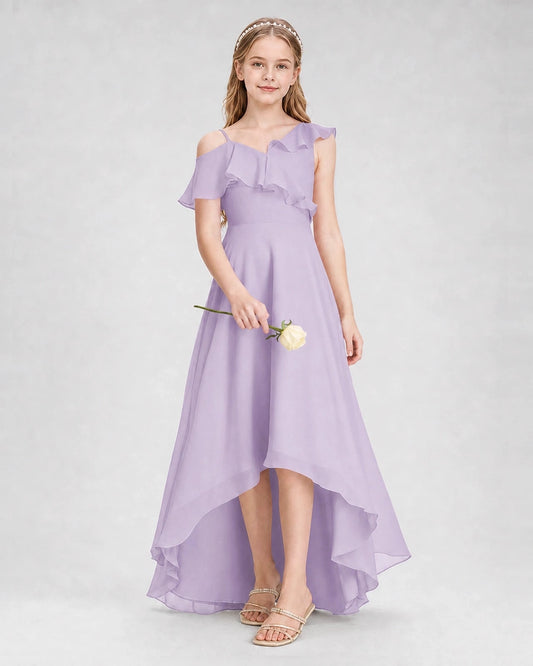 Elegant A Line Ruffle Neck Cold Shoulder V Back High Low Wedding Dress