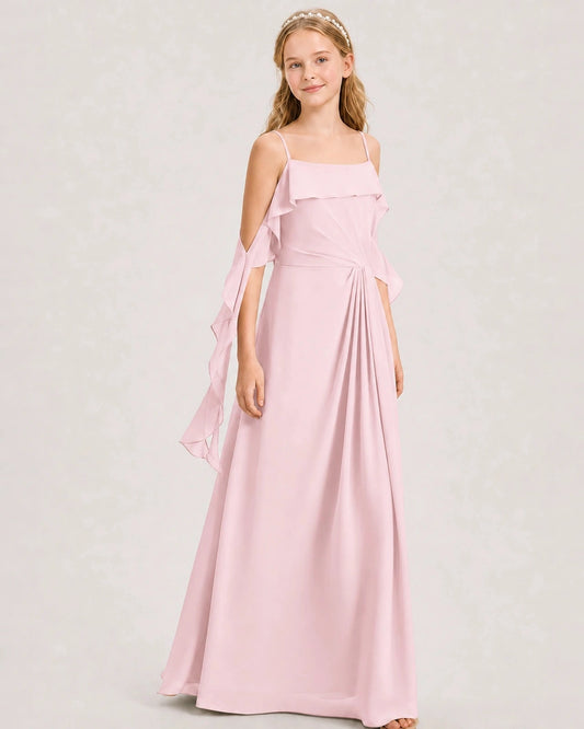 Elegant A Line Square Neck Ruffle Sleeve Zip Back Floor Length Bridesmaid Dress