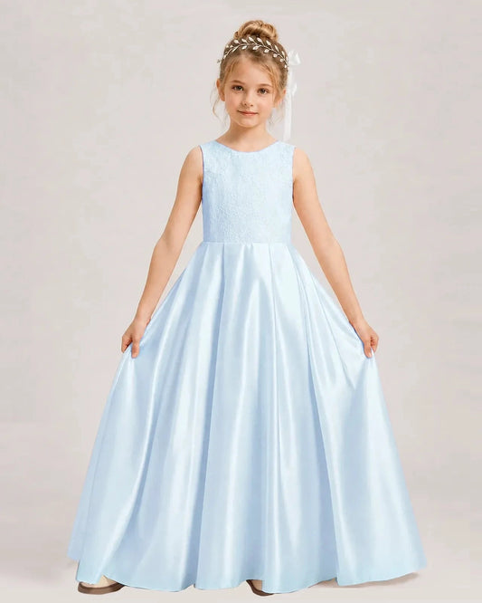 Elegant A Line Round Neck Sleeveless V Back Floor Length Flower Girl Dress