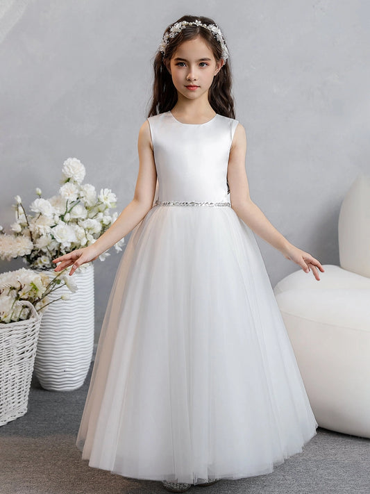 Elegant Ball Gown Round Neck Sleeveless Heart Cutout Back Floor Length First Communion Dress