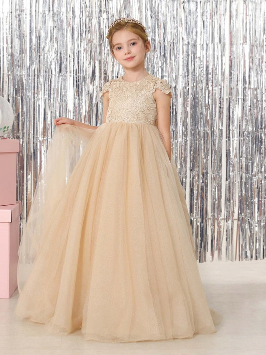 Elegant Ball Gown Round Neck Cap Sleeve Bow Back Floor-Length Flower Girl Dress