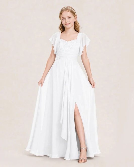 Elegant A Line Square Neck Flutter Sleeve Tie Back Floor Length Bridesmaid Dress