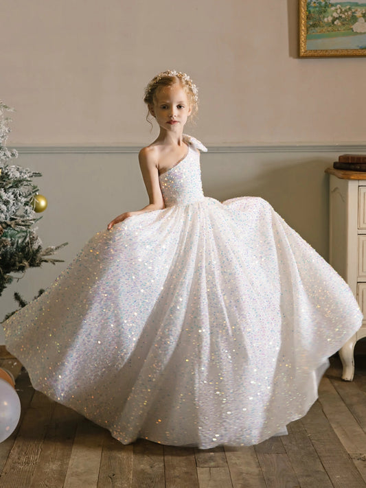 Dreamy Ball Gown One Shoulder Sleeveless Closed Back Floor Length Flower Girl Dress