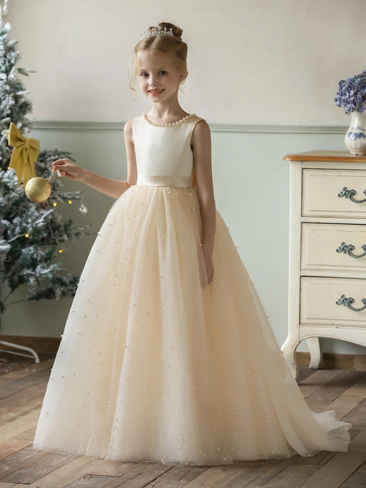 Elegant A-Line Pearl Neck Sleeveless V-Back Floor-Length Flower Girl Dress