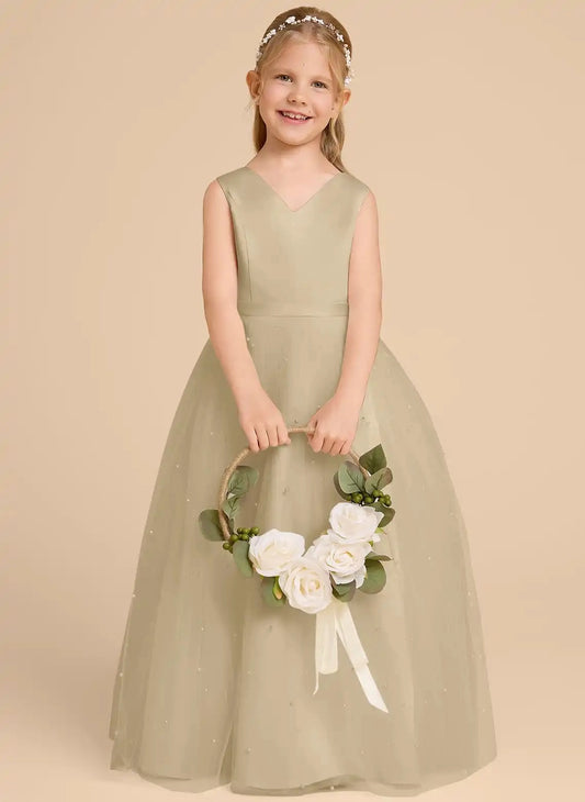 Elegant A Line V Neck Sleeveless Bow Back Floor Length Flower Girl Dress