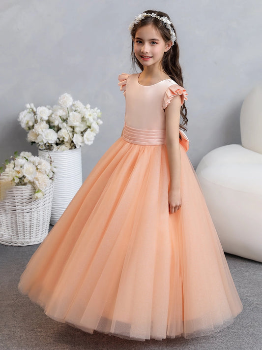 Elegant Ball Gown Round Neck Ruffle Sleeve V-Back Floor-Length Flower Girl Dress