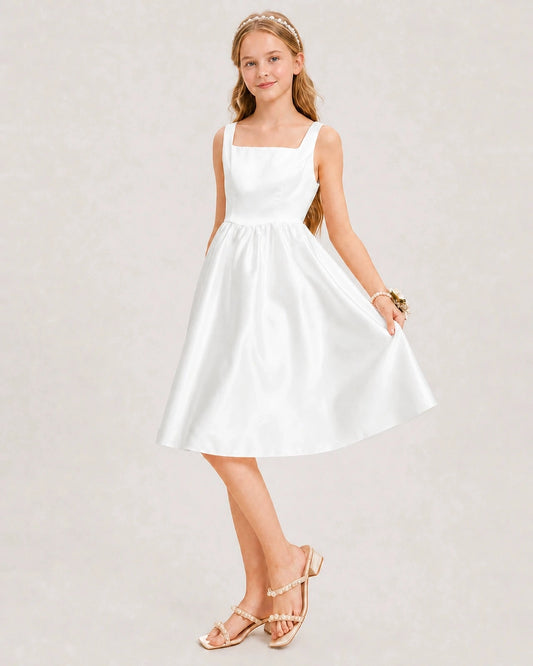Elegant A Line Square Neck Sleeveless Bow Back Knee Length Dress