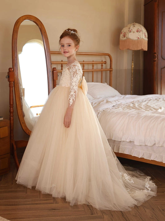 Elegant A-Line Illusion Neck Long Sleeve Bow Back Floor-Length Flower Girl Dress