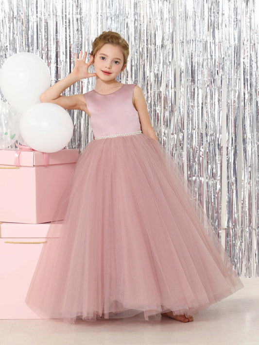 Elegant Ball Gown Round Neck Sleeveless V-Back Floor-Length Flower Girl Dress