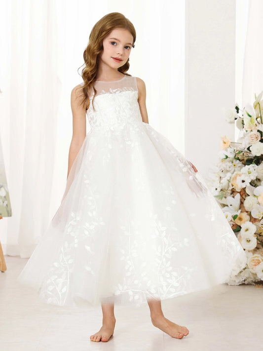 Elegant A?Line Illusion Neck Sleeveless Lace?Up Back Ankle?Length First Communion Dress