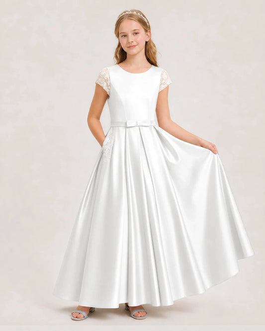 Elegant A Line Round Neck Lace Sleeve Button Back Maxi Flower Girl Dress