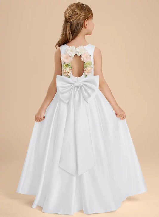 Elegant A Line Round Neck Sleeveless Floral Back Floor Length Flower Girl Dress