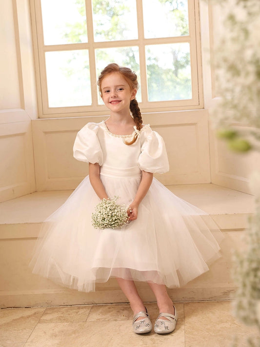 Elegant A?Line Round Neck Puff Sleeve V?Back Midi First Communion Dress