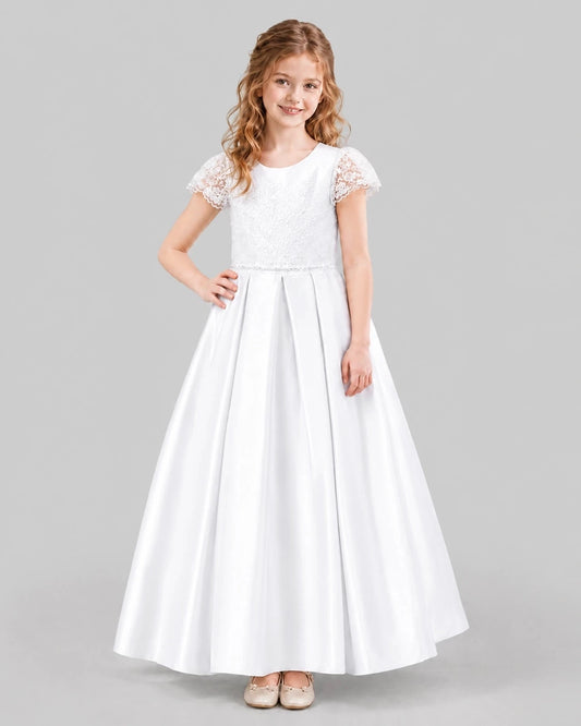 Elegant Ball Gown Round Neck Lace Sleeves Bow Back Floor Length Junior Bridesmaid Dress