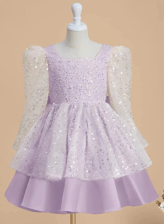 Sparkling A Line Square Neck Long Sleeve Bow Knee Length Party Dress