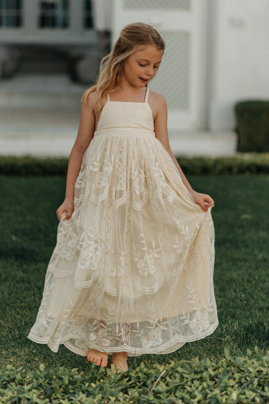 Romantic A-Line Square Neck Sleeveless Open Back Lace Flower Girl Dress