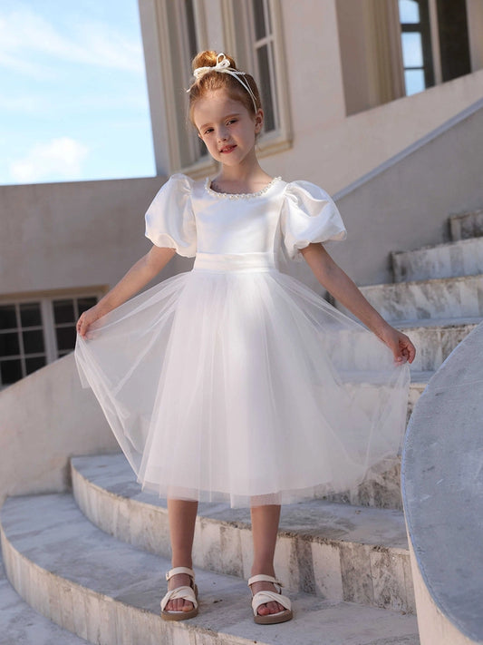 Elegant A?Line Round Neck Puff Sleeve V?Back Midi First Communion Dress