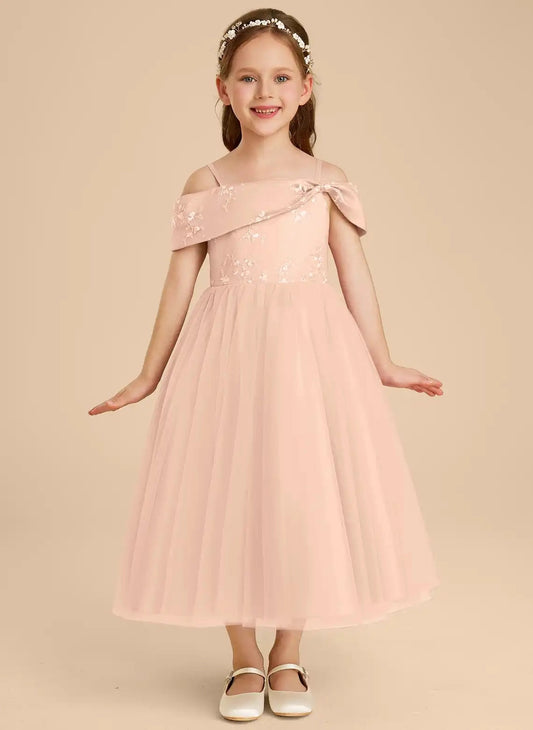 Elegant A Line Off Shoulder Short Sleeve Zip Back Tea Length Flower Girl Dress