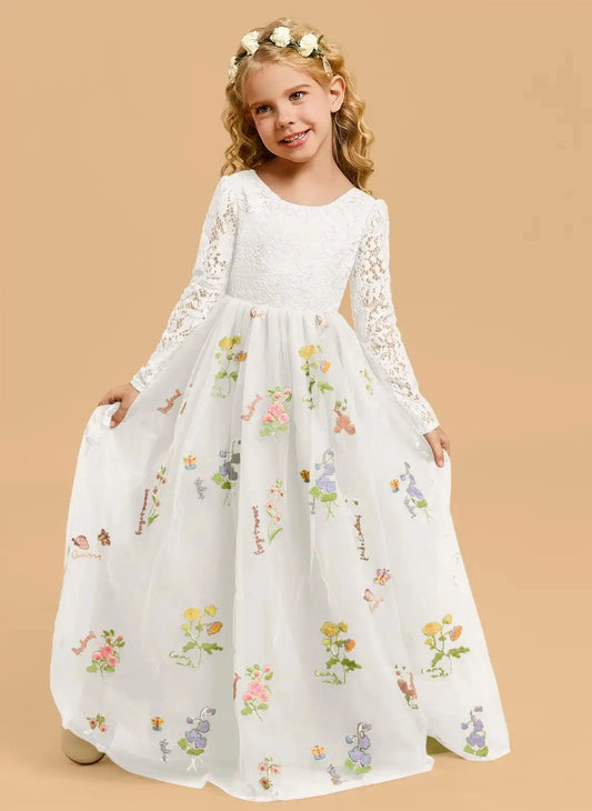 Romantic A Line Round Neck Long Sleeve V Back Floor Length Flower Girl Dress
