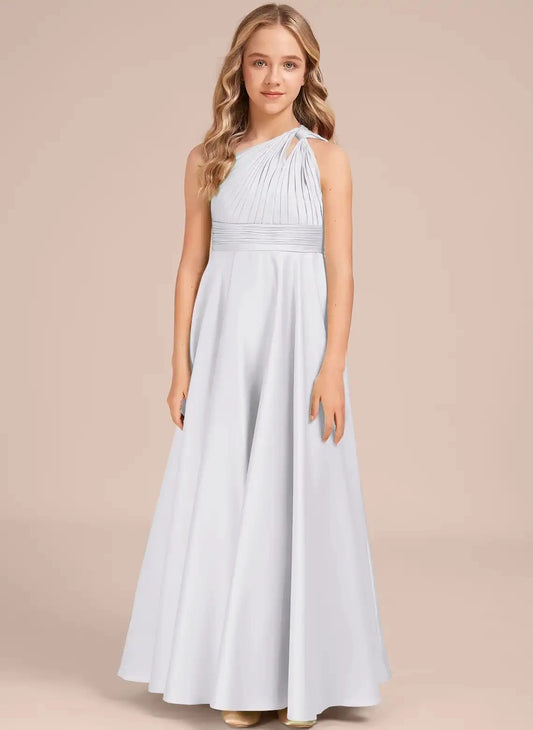 Elegant A Line One Shoulder Sleeveless Covered Back Maxi Junior Bridesmaid Dress