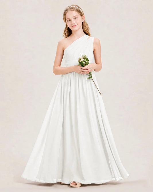 Elegant A Line One Shoulder Sleeveless Zipper Back Floor Length Junior Bridesmaid Dress