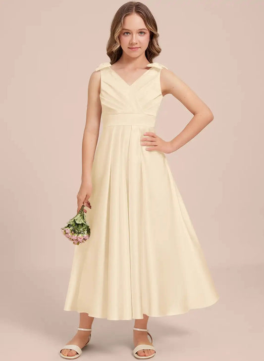 Elegant A Line V Neck Sleeveless Deep V Back Junior Bridesmaid Dress