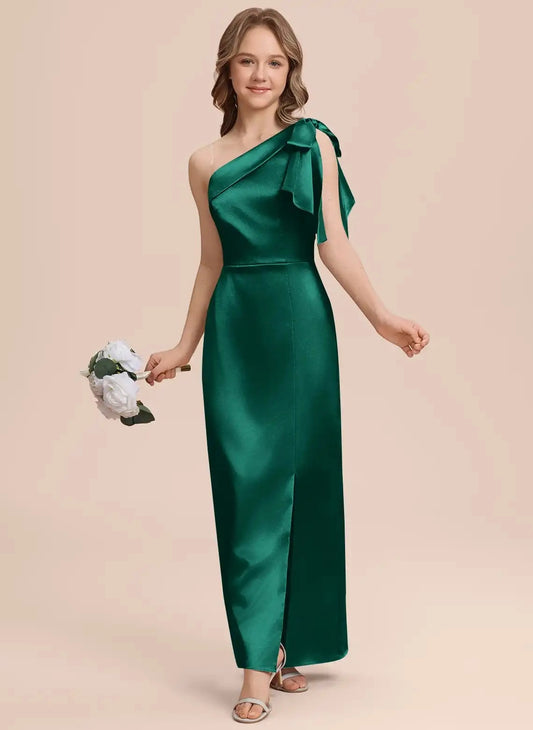 Elegant Column One Shoulder Ruffle Zip Back Floor Length Junior Bridesmaid Dress