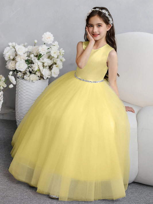 Elegant Ball Gown Round Neck Sleeveless Heart Cutout Back Floor Length First Communion Dress