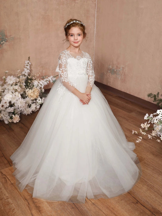 Elegant Ball Gown Illusion Neck Long Sleeve Lace Up Back Train Length First Communion Dress