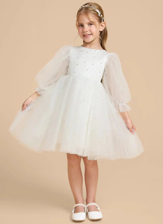 Elegant A?Line Round Neck Puff Sleeve Zipper Back Knee?Length Flower Girl Dress