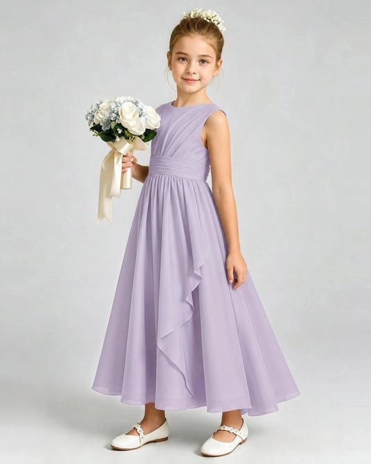 Elegant A Line Round Neck Sleeveless V Back Tea Length Flower Girl Dress