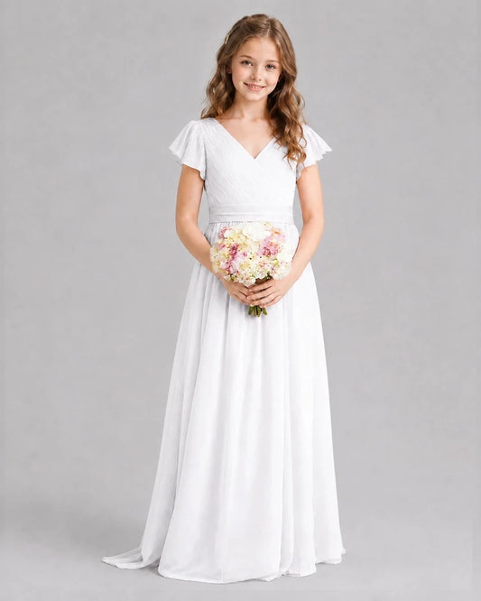 Elegant A-Line V-Neck Flutter Sleeve V-Back Floor-Length Flower Girl Dress