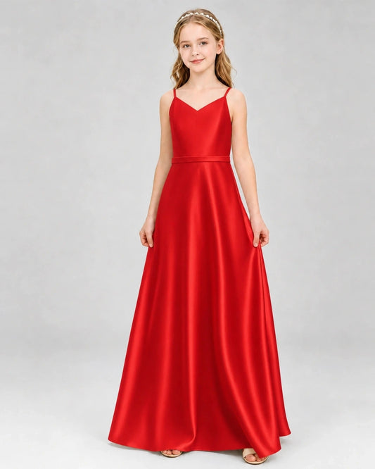 Elegant A-Line V-Neck Spaghetti Strap Low-Back Floor-Length Junior Bridesmaid Dress