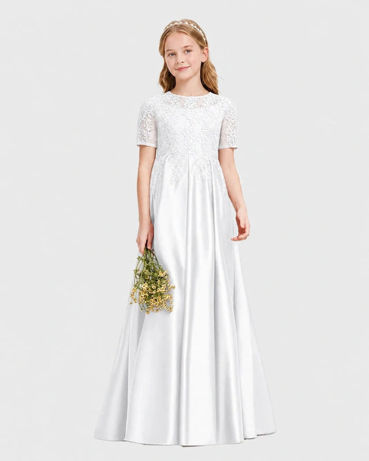 Elegant A Line Round Neck Short Sleeve V Back Floor Length Dress