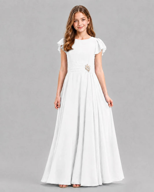 Elegant A Line Round Neck Flutter Sleeve Zipper Back Maxi Dress Wedding