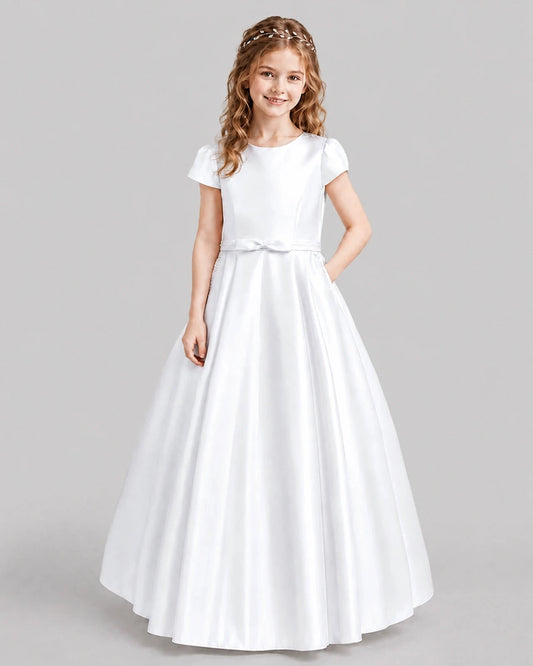 Elegant Ball Gown Round Neck Cap Sleeve Zipper Back Floor Junior Bridesmaid Dresses