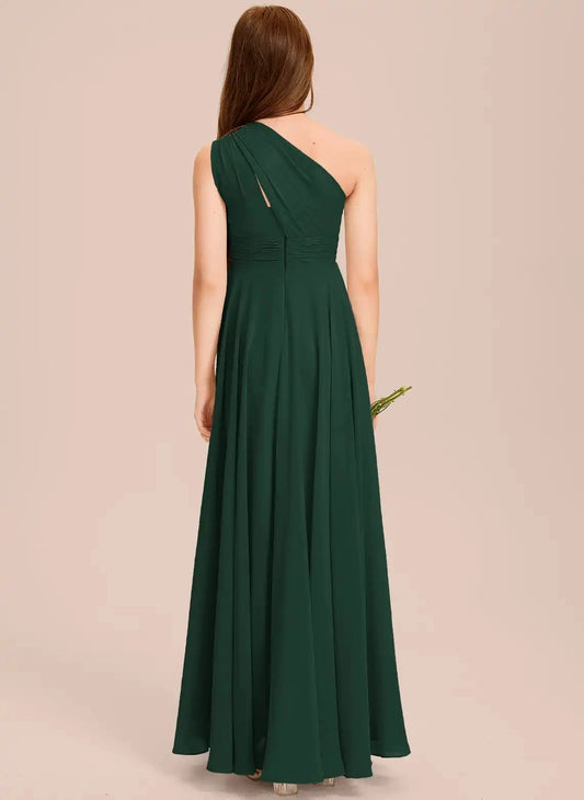 Elegant A Line One Shoulder Sleeveless Cutout Back Floor Length Junior Bridesmaid Dress
