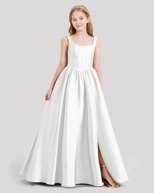Elegant A Line Square Neck Sleeveless Low Back Floor Length Junior Bridesmaid Dress