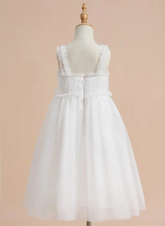 Elegant A Line Square Neck Sleeveless Open Back Tea Length Communion Dress