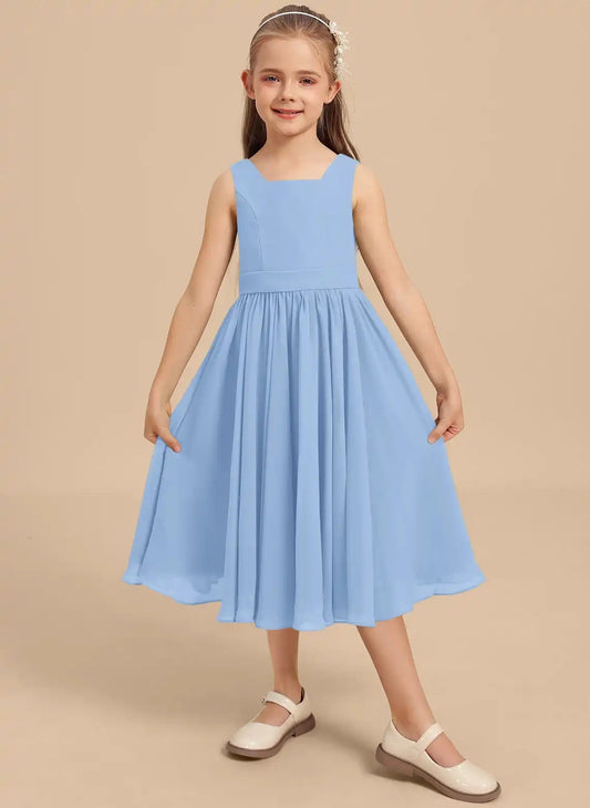 Elegant A?Line Square Neck Sleeveless V?Back Midi Junior Bridesmaid Dress