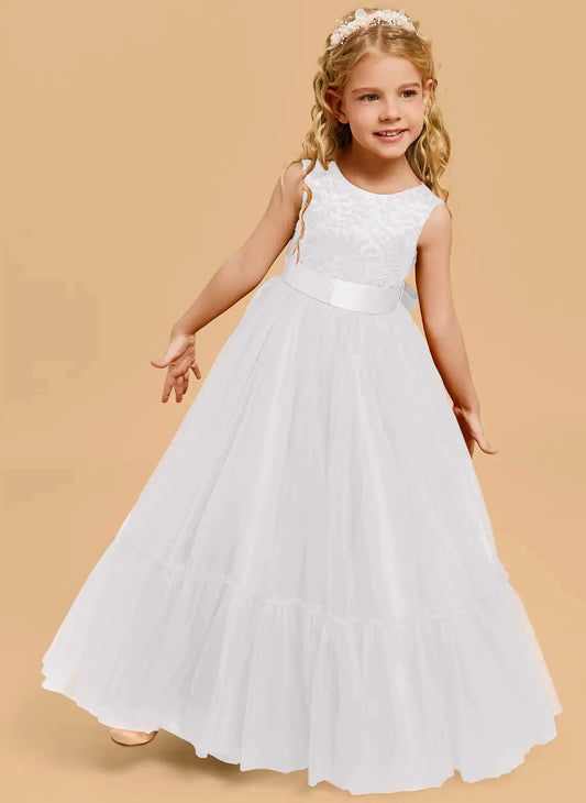 Elegant A Line Round Neck Sleeveless Open Back Maxi Flower Girl Dress