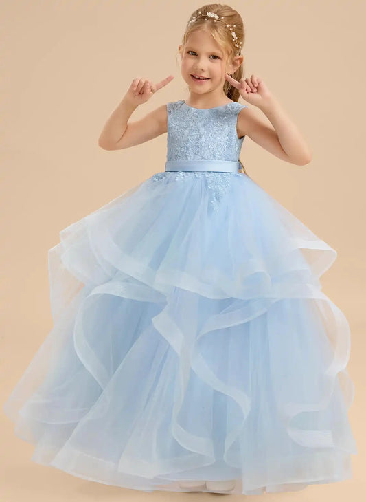 Elegant Ballgown Round Neck Sleeveless V Back Floor Length Flower Girl Dress