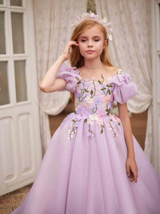 Lavender Ballgown Off Shoulder Puff Sleeve Sheer Back Train Length Flower Girl Dress