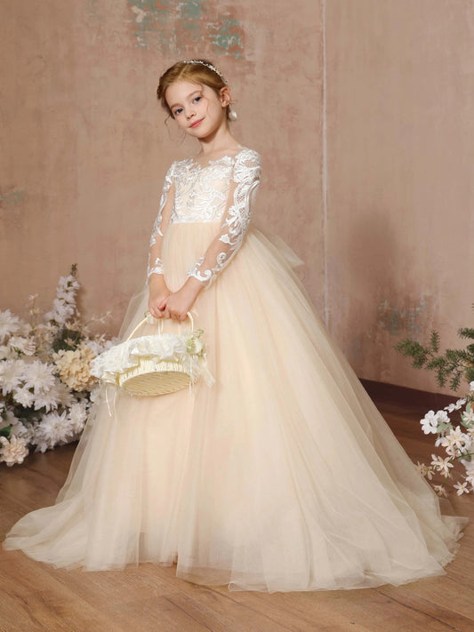 Luxury Ball?Gown Illusion?Neck Long?Sleeve Lace?Back Train?Length Flower Girl Dress