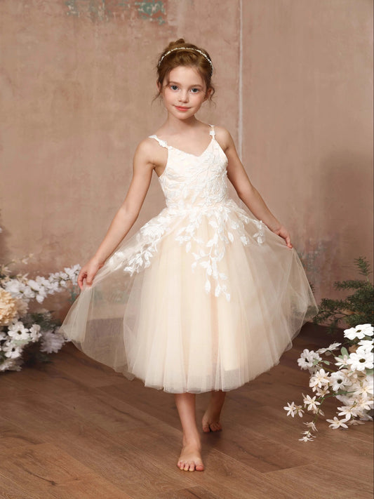 Romantic A?Line V?Neck Spaghetti?Strap Zipper?Back Midi?Length Flower Girl Dress