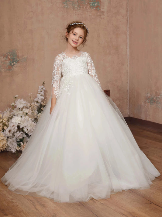 Elegant Ball?Gown Illusion?Neck 3/4?Sleeve Bow?Back Train?Length First Communion Dress