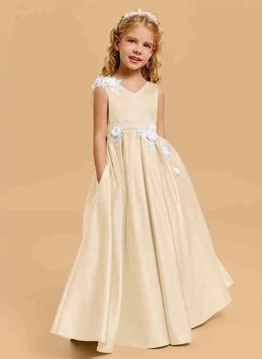 Elegant A-line V Neck Sleeveless V Back Floor Length Flower Girl Dress