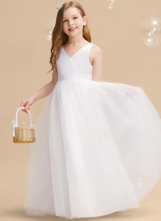 Elegant A?Line V?Neck Sleeveless Big Bow Back Floor?Length Flower Girl Dress