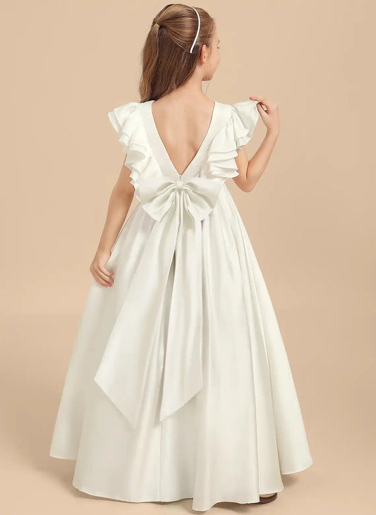 Classic A?Line Round Neck Ruffle Sleeve V?Back Floor?Length Flower Girl Dress